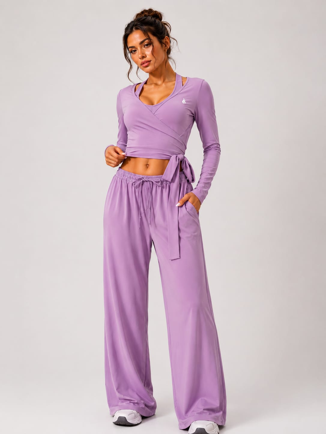 Yoga 3 Piece Set Halter Crop Top Wide Leg Pants Long Sleeve Top Activewear Lounge Sports